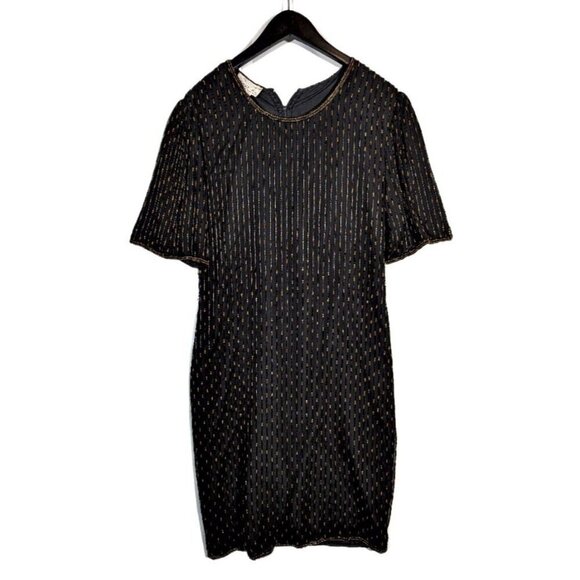 Vintage 1930's 100% SILK Rina Z. Gold Beaded Cocktail Sheath Dress Sz M Flapper - Picture 1 of 10